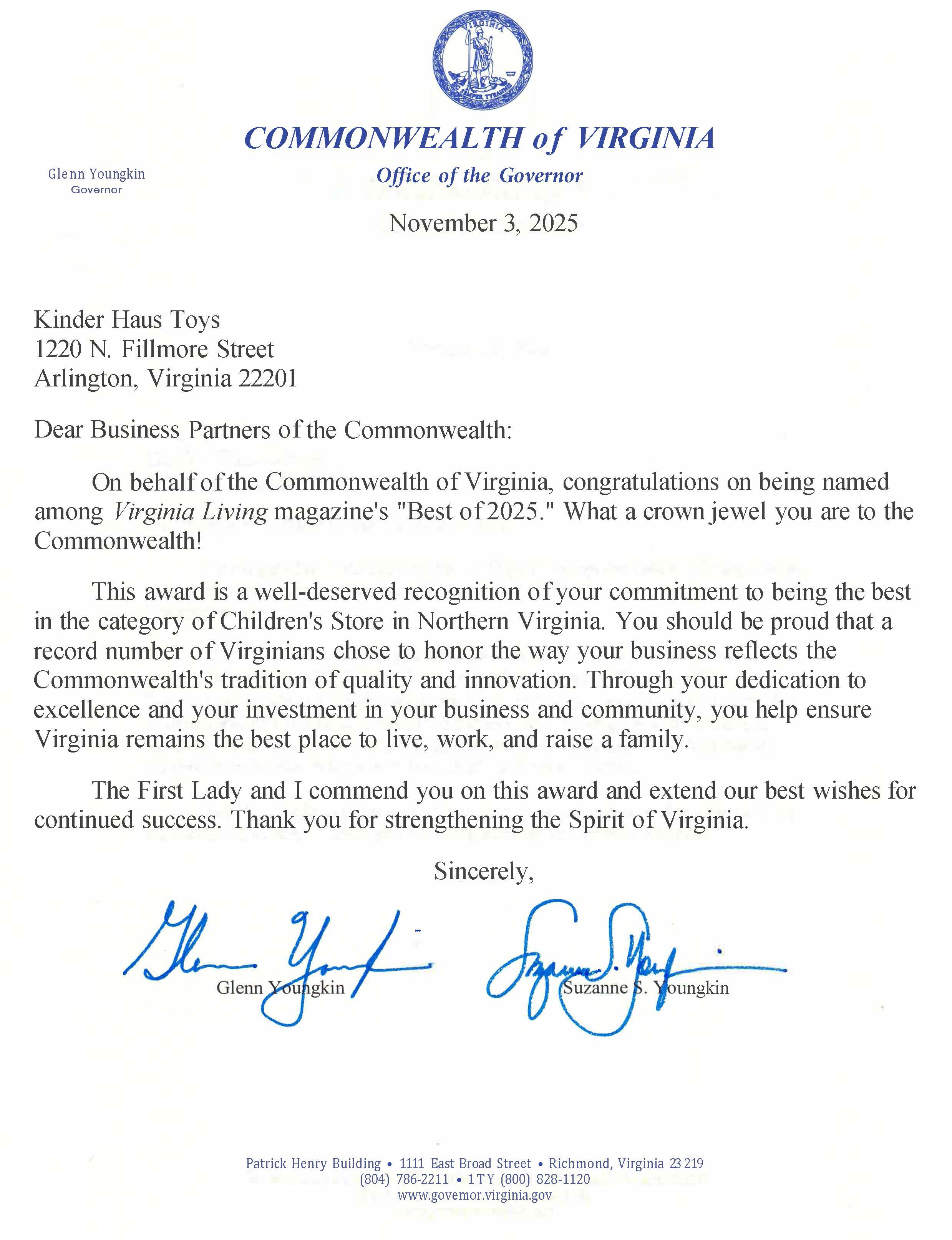 Kinder Hause governor letter